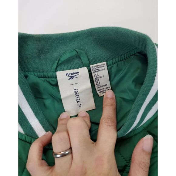 Reebok Forever 21 Collab Women's Jacket Quilted Green Small Embroidered Big Logo - Picture 7 of 8